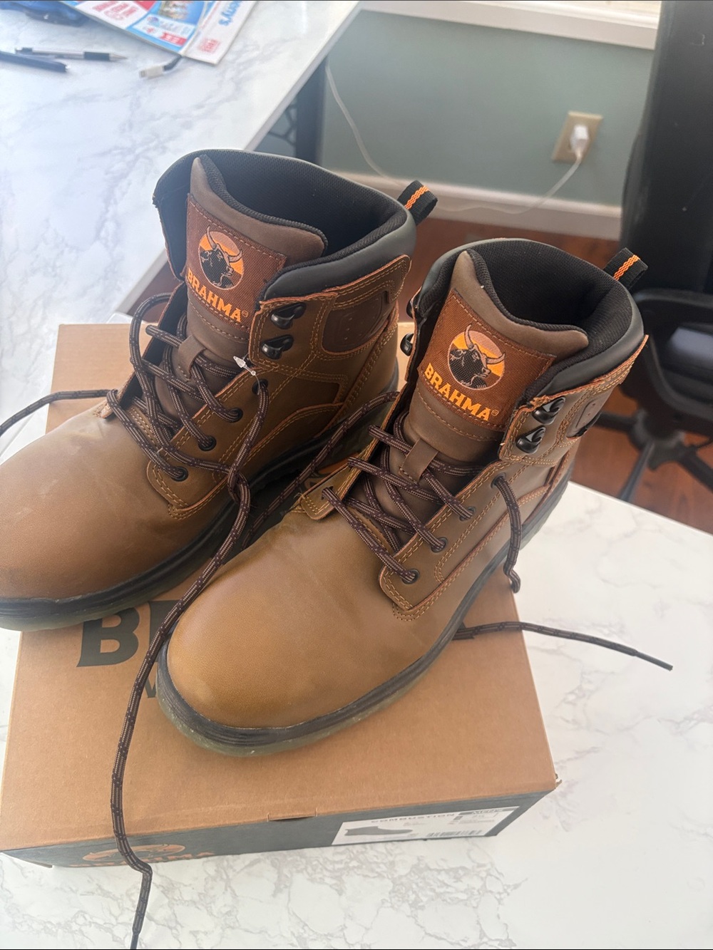 Brahma Brown Work Boots with Orange Logo Accents